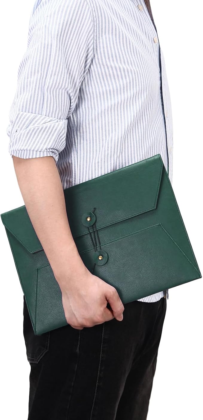 Leather File Folder for Documents,Important Document Folder with String Tie,Laptop Sleeve Notebook Case,Leather File Organizer,A4 Envelopes Filing Folder (Horizontal, Green)