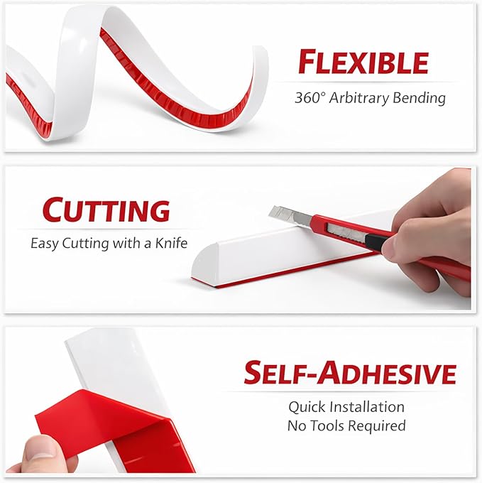 3/4 Inch Flexible Quarter Round Molding, Peel and Stick Rubber Floor Trim, Quarter Round Trim, Self-Adhesive Bathtub Trim Molding(Hollow, 240Inch)