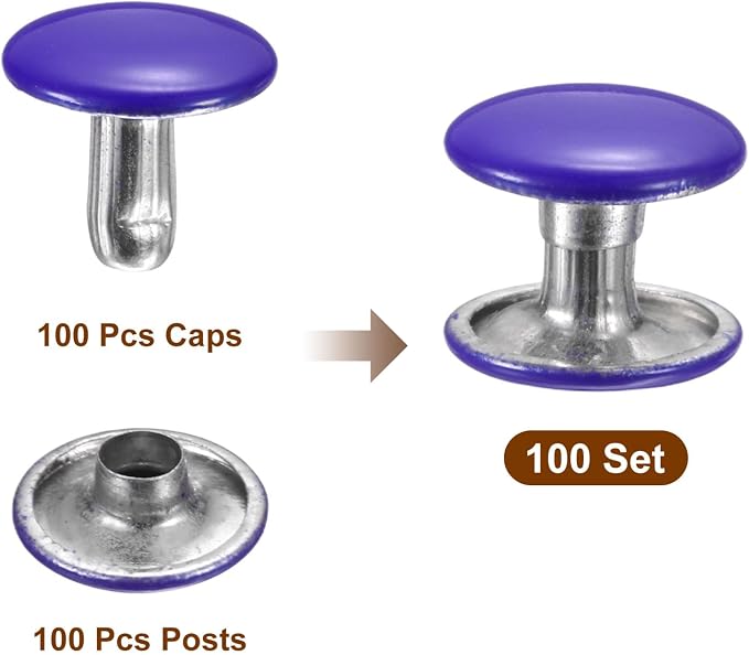 HARFINGTON 100 Sets Double Cap Leather Rivets, 10x10mm Round Cap Tubular Metal Studs Leather Crafting Rivets for Fabric Belt Pet Collar Boot Bag Repair and Decoration, Purple