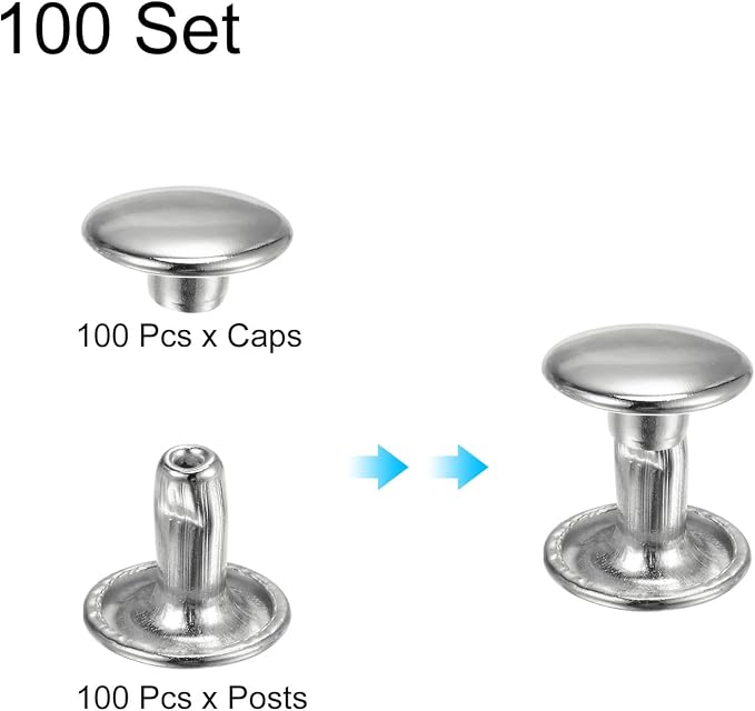 HARFINGTON 100 Sets Double Cap Leather Rivets, 9x8mm Round Cap Tubular Metal Studs Leather Crafting Rivets for Fabric Belt Pet Collar Boot Bag Repair and Decoration, Silver