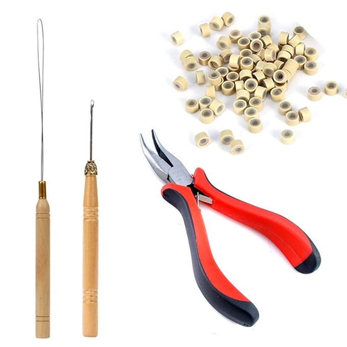 Orgrimmar Hair Extension Tool Kit Remove Pliers Pulling Hook 500 PCS Micro Silicone Rings Bead Device Tool Kits for Professional Hair Styling Tools Accessory (Beige)