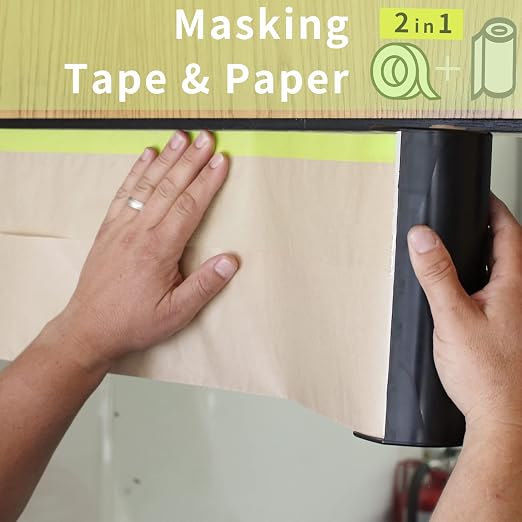 Tangibay Pre-Taped Masking Paper for Painting - 12 inch x 50 feet Tape and Drape Painters Paper, Paint Adhesive Protective Paper Roll for Covering Skirting, Frames, Cars and Auto Body (4 Rolls)
