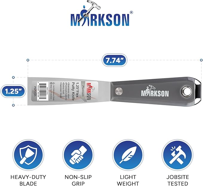 MARKSON Putty Knife Scraper Tool 1-1/4 in, Drywall Spackle Stainless Steel Blade, Paint Scraper with Nylon Handle and Hammer End
