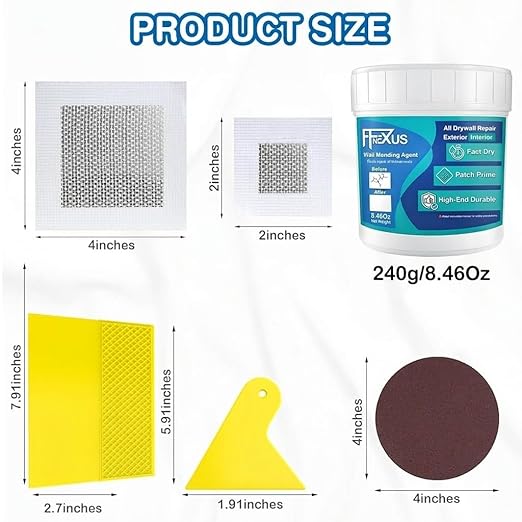 Drywall Repair Kit – 2×8.47 oz Putty Jars with 2×2″ & 4×4″ Wall Patch Mesh, Small & Large Scrapers & 2 Sandpapers | Quick-Dry Spackle & Sheetrock Crack Filler for Wall, Ceiling & Plaster Repair
