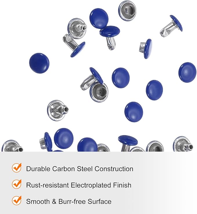 HARFINGTON 100 Sets Double Cap Leather Rivets, 6x6mm Round Cap Tubular Metal Studs Leather Crafting Rivets for Fabric Belt Pet Collar Boot Bag Repair and Decoration, Dark Blue