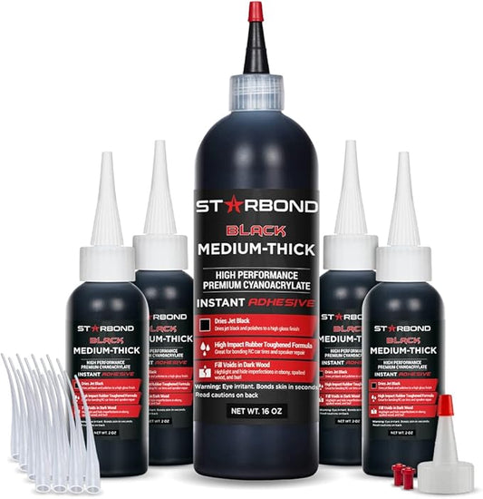 Starbond Black Medium-Thick CA Glue Complete Refill Kit (16 oz) – Rubber-Toughened, Impact-Resistant Cyanoacrylate Super Glue – for Knot Filling, Crack Repair, Woodworking, Guitar, Hobby & RC Projects
