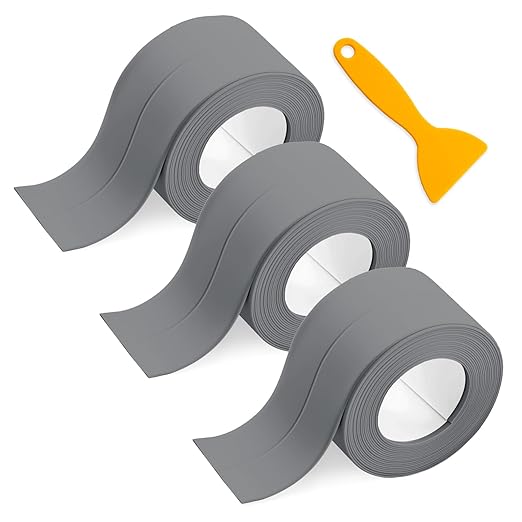 Waterproof Seal Caulk Strip Tape Self Adhesive for Sink Toilet Bathroom Wall Edge Bathtub Oil-Proof Caulking Sealing Tape 1.5" x 10.5' (W*L) 3Pcs Gray