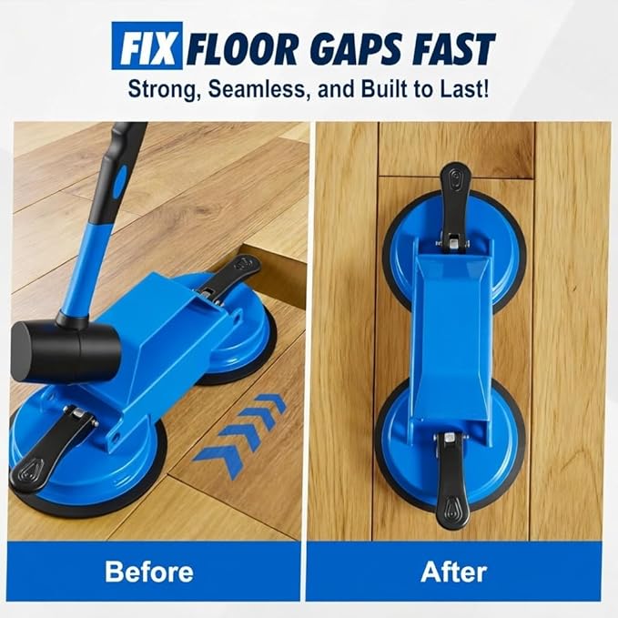 Floor Gap Fixer Tool, 45° Striking Surface Floor Gap Repair Tool with Dual Suction Cup, Made of Iron. with 6pcs Sticky Pads for Fixer Laminate/Vinyl Flooring Tools