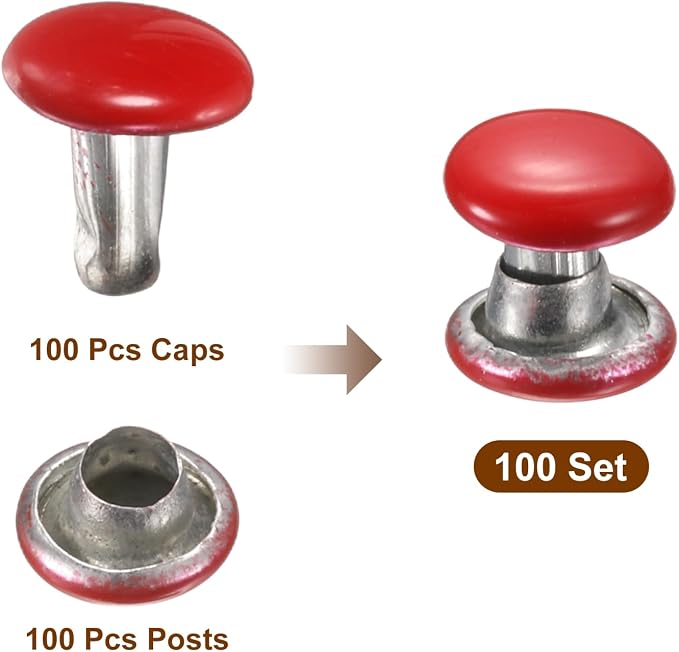 HARFINGTON 100 Sets Double Cap Leather Rivets, 6x6mm Round Cap Tubular Metal Studs Leather Crafting Rivets for Fabric Belt Pet Collar Boot Bag Repair and Decoration, Red