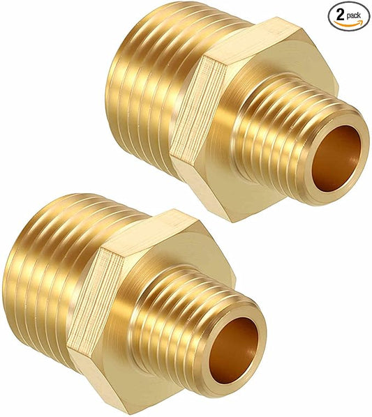 Pack of 2, 1/2" NPT Male to 1/4" NPT Male Solid Brass Hex Nipple Hose Connectors, Male Pipe Adapter for Pipe Leak Repair, Bathroom Remodeling, Tool Extensions, Compression