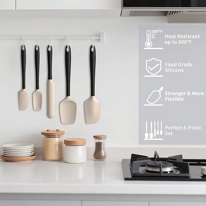 Coukre Silicone Spatula Set of 5,High Temperature Resistant, Food Grade Silicone, Dishwasher Safe, for Baking, Cooking (Beige Black)