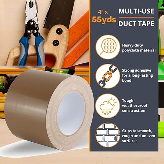 GTSE Wide Duct Tape, Brown, 4 Inches x 55 Yards (164 ft), Heavy Duty, Waterproof Repair Tape for Indoor or Outdoor Use, 96 Rolls