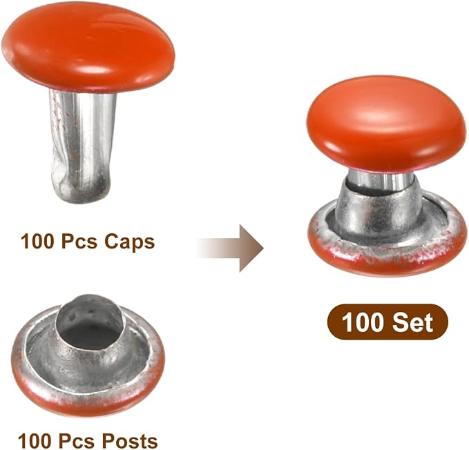 HARFINGTON 100 Sets Double Cap Leather Rivets, 6x6mm Round Cap Tubular Metal Studs Leather Crafting Rivets for Fabric Belt Pet Collar Boot Bag Repair and Decoration, Orange