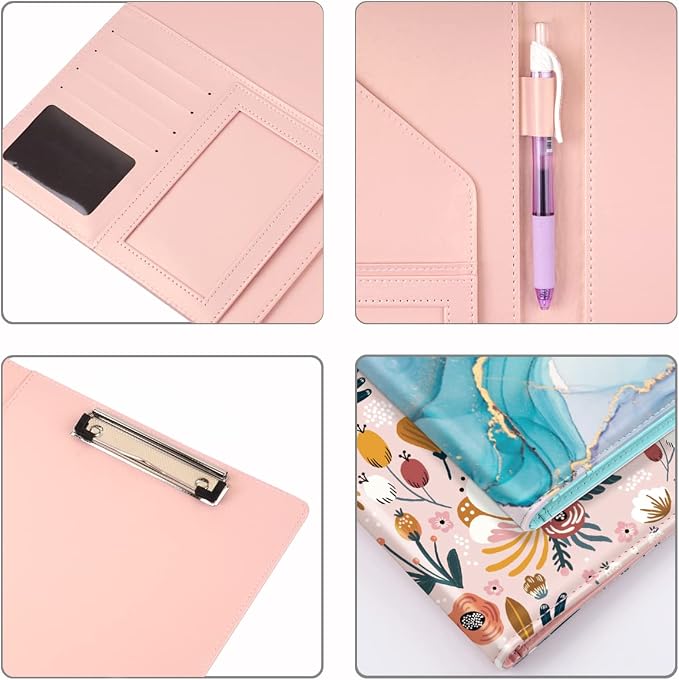 Portfolio Case for Women, Cute Floral Padfolio Cover for Girls, Conference/Resume/Legal Document Organizer with Letter/A4 Size Clipboard Hardboard, Business Card Holders, Pink Flower