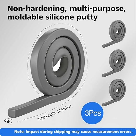 3Pack Moldable Silicone Putty, Non Hardening Waterproof Sealant Compound, Reusable & Pliable Seal Putty for Metal, Glass, Wood, Ceramic, Bathroom, Pipes and Wall Gaps Repair (Grey)
