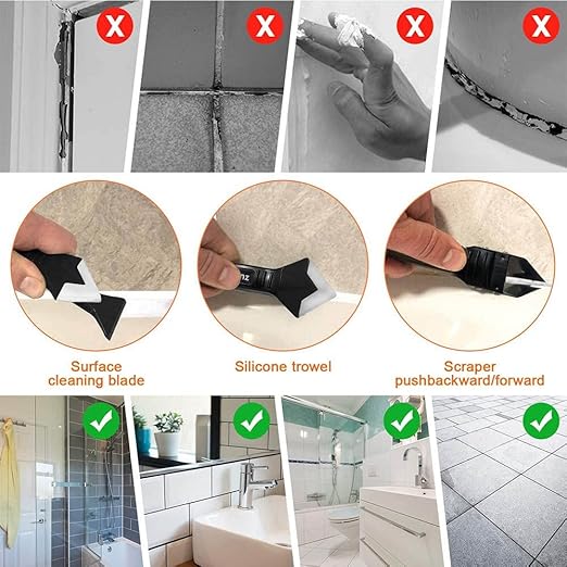 Lionz 3 in 1 Silicone Caulking Tool Stainless Steel Head, Sealant Finishing Tool Caulk Remover Sealant and Grout Scraper, Suitable for Kitchen, Bathroom Windows, Sink Connections, Floors, DIY.