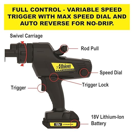 Albion Engineering 846-1E Cordless Cartridge Gun with Swivel Carriage, 18V, 1/10 Gallon