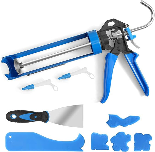 Professional Caulk Guns, Heavy Duty Caulking Gun,Thrust Ratio 14:1,No-drip Rotating Barrel,10OZ Silicone Sealant gun, Come with Putty Knife,Caulk Finishing,Smoothing&Grout Removal Tool Kit