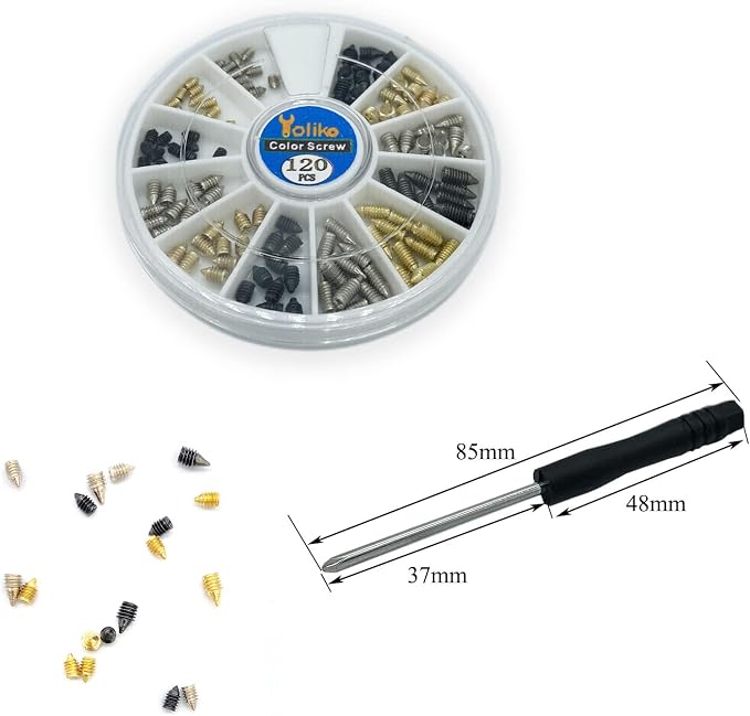 120 Pcs Nickel Plated Tip Screws Pointed Cross Slot Leather Accessories 3 Colors 4 Sizes Belt Screws Include M2x3，M2.5x4，M2.5x6，M3x5 with 2mm Screwdriver for Belt Buckle Wallet Handbag Purse