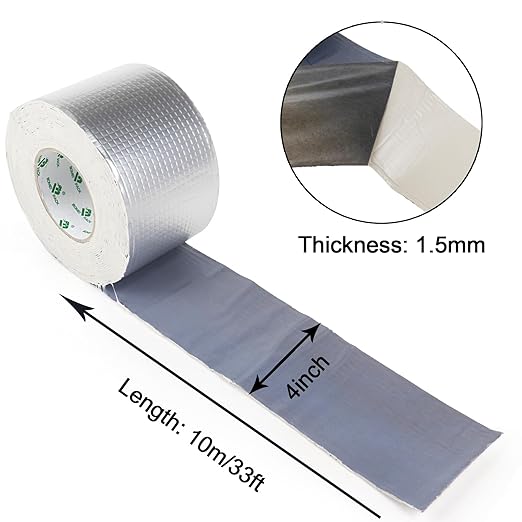 BOMEI PACK Leak Repair Butyl Tape 1.5mm x 4”W x 33’L, Aluminum Foil Waterproof Sealing Tape for Roof Flashing, Patching and Gutter, Boat, Duct, RV, Awning