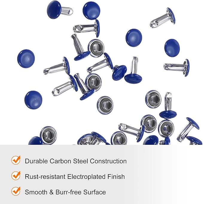 HARFINGTON 100 Sets Double Cap Leather Rivets, 6x8mm Round Cap Tubular Metal Studs Leather Crafting Rivets for Fabric Belt Pet Collar Boot Bag Repair and Decoration, Dark Blue