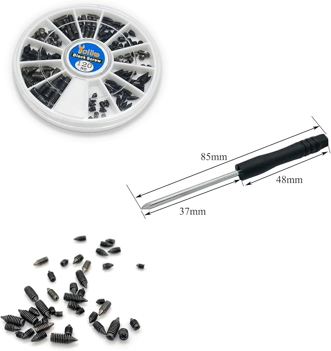 120 pcs Nickel Plated Tip Screws Pointed Cross Slot Leather Accessories 12 Sizes Black Belt Screws Include M2*3-M2*6, M2.5 * 3-M2.5 * 8, M3*3-M3*8 with 2mm Screwdriver for Belt Buckle Wallet Handbag