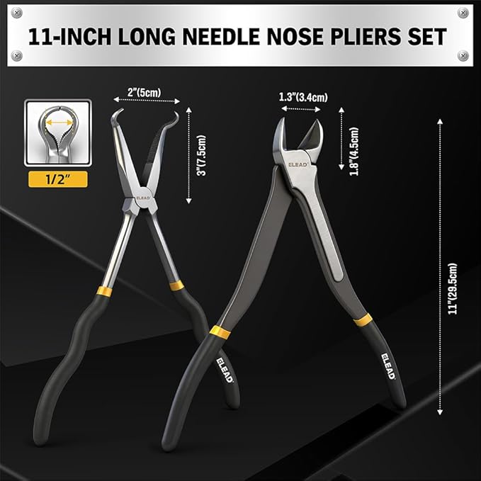 5-Piece 11 Inch Long Needle Nose Pliers Set with 4 Magnetic Plier Racks, Extra Long Reach Pliers Set, 45° & 90° Bent Needle Nose Pliers, Circle Nose and Diagonal Pliers for Tight Spaces