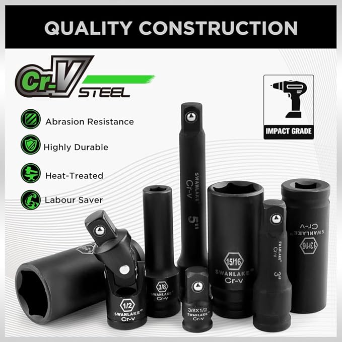 SWANLAKE 19-Piece 1/2" Impact Socket Set, 6 Point Impact Set, SAE (3/8-inch to 1-1/14-inch) Standard Large Socket, CR-V Mechanic Tool Set