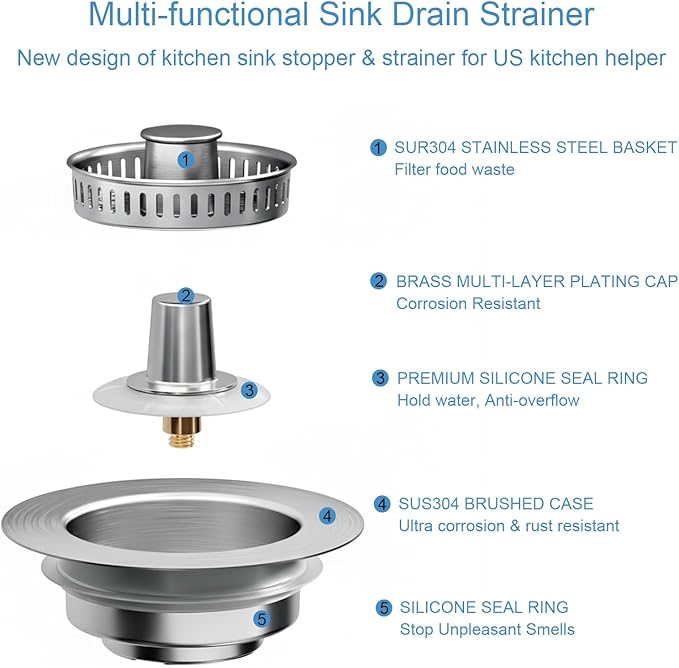 3-in-1 Kitchen Sink Drain Strainer, Pop Up Sink Stopper with Anti-Clogging Basket, 304 Stainless Steel Kitchen Sink Drain Strainer, Food Catcher for US Standard 3-1/2 inch Drain Hole