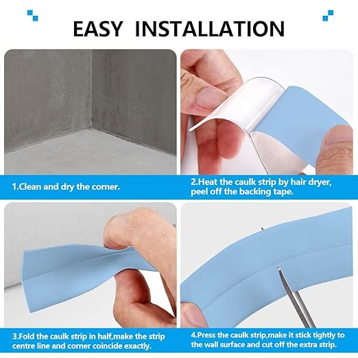 Bath & Kitchen Caulk Tape Sealant Strip, PVC Self-Adhesive Tub & Wall Sealing Tape, Shower Tile Sealer (Blue)