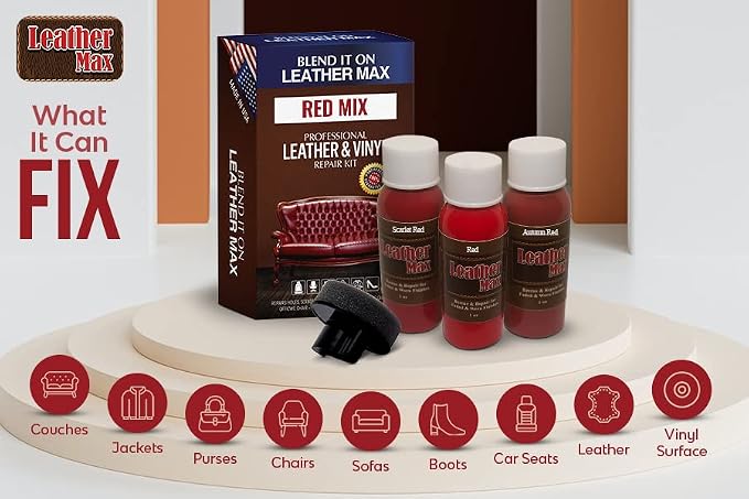Leather Max Quick Blend Refinish and Repair Kit, Restore Couches, Recolor Furniture & Repair Car Seats, Jackets, Sofa, Boots / 3 Color Shades to Blend with/Leather Vinyl Bonded and More (Red Mix)