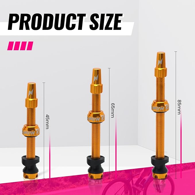 RideNow Tubeless Presta Valve Stems, 45mm Super Light 7075 Aluminum Alloy Presta Tubeless Valve Stem Kit with Valve Core Remover Tool and Valve Stem Caps, Multiple Color and Size Options(Pair), Gold