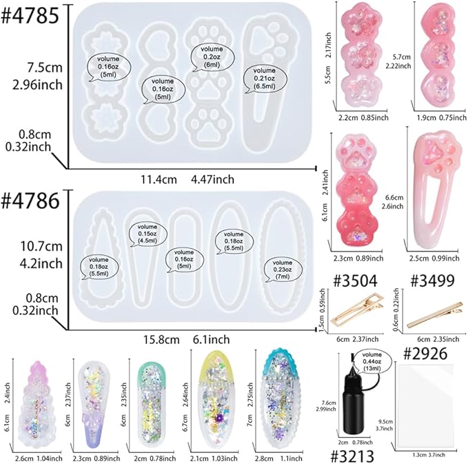Hair Clips Resin Shaker Molds Set Barrette Pack of 12 Epoxy Silicone Trays Precision Tip Applicator Bottle Kit Bundle