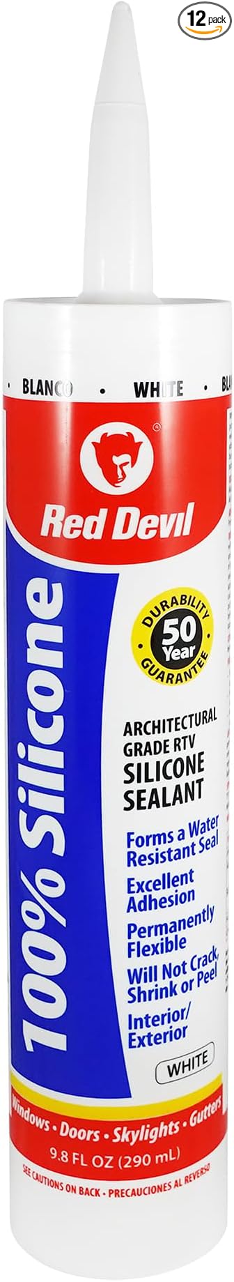 Red Devil 081612 100% Silicone Sealant Architectural Grade, White, 9.8 oz, Pack of 12
