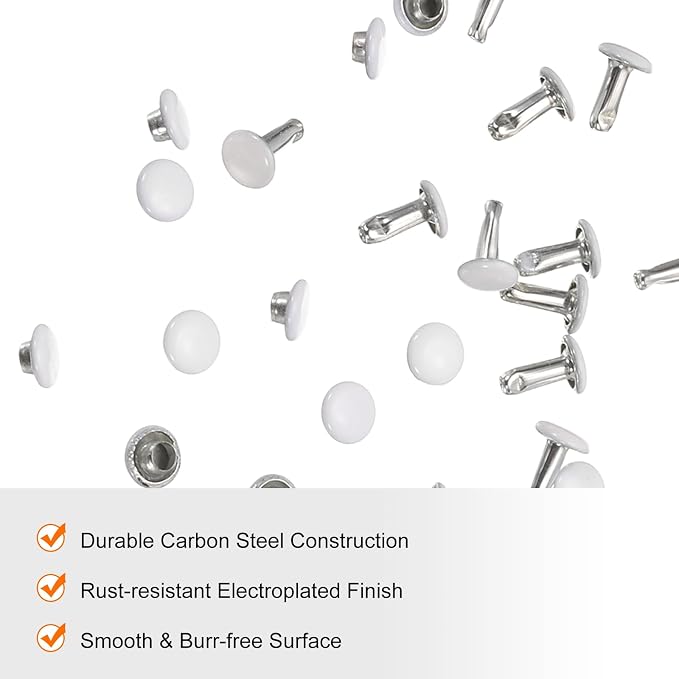 HARFINGTON 100 Sets Double Cap Leather Rivets, 6x8mm Round Cap Tubular Metal Studs Leather Crafting Rivets for Fabric Belt Pet Collar Boot Bag Repair and Decoration, White