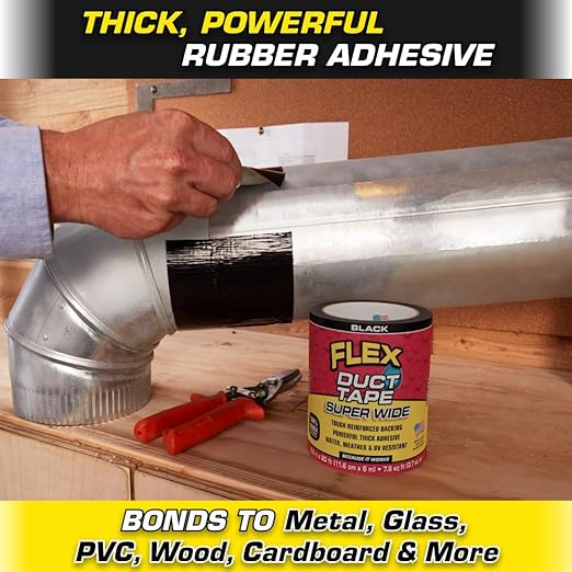Flex Duct Tape, Super Wide, 4.6 Inches x 20 Feet, Black, Heavy Duty Strong, Multi-Surface, Water, Weather and UV Resistant, Tearable, Perfect for Boxes, No Residue