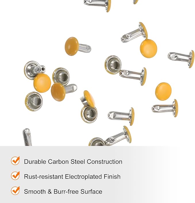 HARFINGTON 100 Sets Double Cap Leather Rivets, 6x8mm Round Cap Tubular Metal Studs Leather Crafting Rivets for Fabric Belt Pet Collar Boot Bag Repair and Decoration, Yellow