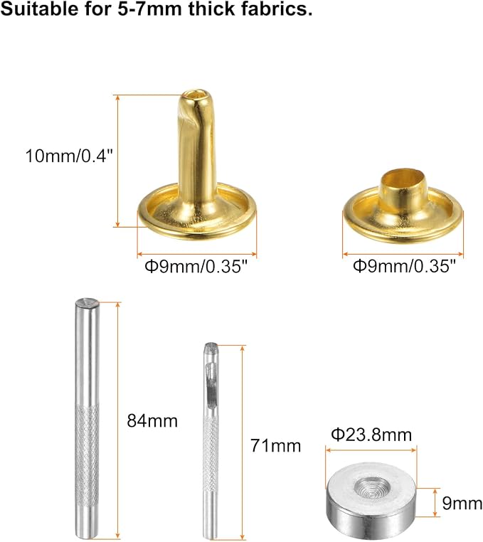 HARFINGTON 100 Sets Leather Rivets 10 x 9mm Metal Double Cap Rivet Snaps Studs Fasteners with 3pcs Setting Tools Rivets for Leather Craft DIY Repair Decoration, Gold Tone