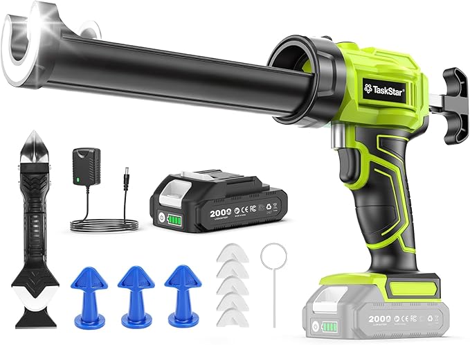 Taskstar Cordless Caulking Gun with Battery, Electric Caulking Gun with Caulking Tool 3 in 1, LED Light and 4-Adjustable Speed, Automatic Silicone Gun No Drip Compatible with Makita 18-21V Battery