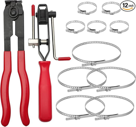 12 PCS For Auto/ATV CV Joint Axle Boot Clamp Pliers Tool with CV Boot Clamps Kit, 10 Crimp Bands-Ear Type Extension For Most Cars