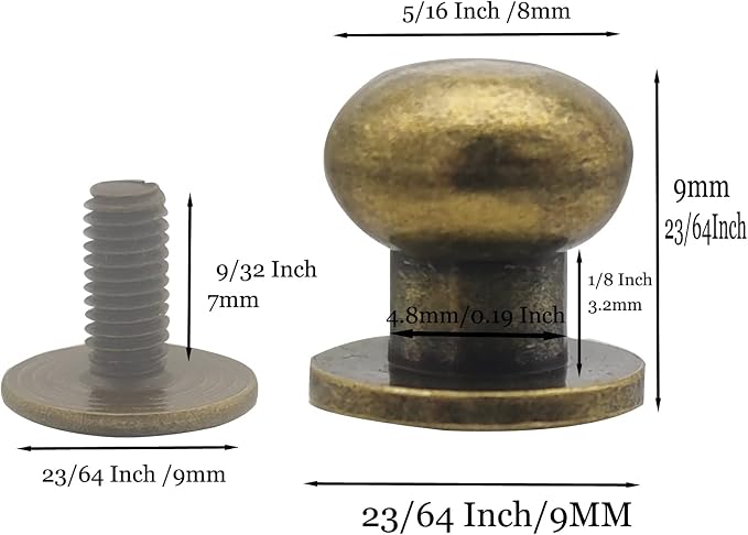 Denailey 12 Sets Solid Brass Round Head Button Stud Screw Leather Rivet Chicago Screws Button Rivets for Leather Craft Belt Wallet Handbag Repairs Decoration (Round Head Size 8mm, Antique Brass)