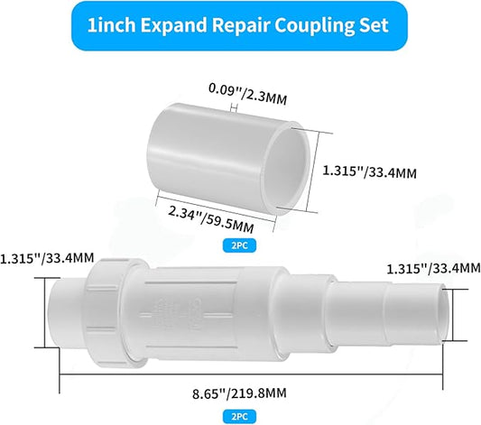 LESSO 1 inch PVC Pipe Repair Kit, 1" PVC Fittings Repair Coupling for Broken or Cracked In-Ground Pipe, SCH40 White (2 Sets)