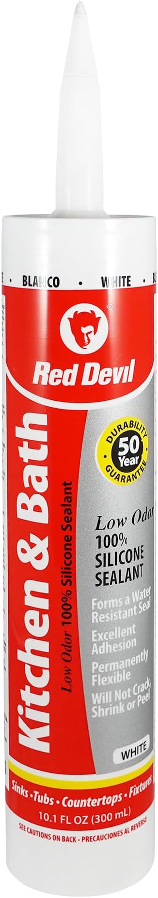 Red Devil 0836 Kitchen & Bath Low Odor Silicone Sealant, 10.1 Oz, White, Pack of 1