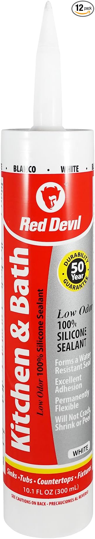 Red Devil 0836 Kitchen & Bath Low Odor Silicone Sealant, 10.1 Oz, White, Pack of 12