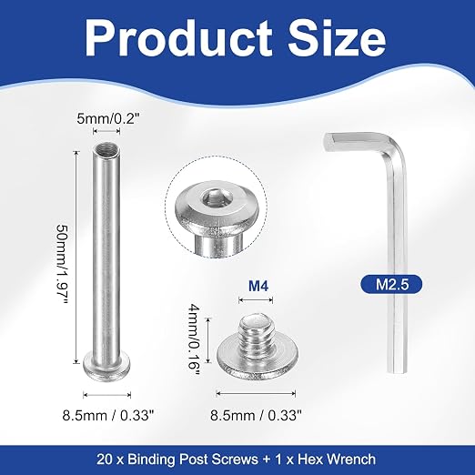 PATIKIL M4x4mm Hex Chicago Screws 5x50mm, 10Pcs 304 Stainless Steel Metric Hex Drive Socket Cap Binding Post Screw Posts for Scrapbook Leather Belt Album Furniture Repair, Silver