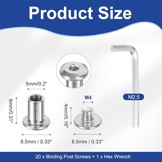 PATIKIL M4x4mm Hex Chicago Screws 5x8mm, 20Pcs 304 Stainless Steel Metric Hex Drive Socket Cap Binding Post Screw Posts for Scrapbook Leather Belt Album Furniture Repair, Silver