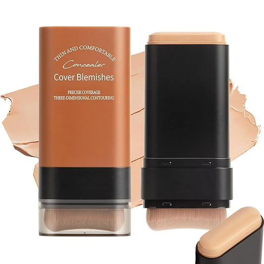 Flawless Face Foundation Stick,2-in-1 Long-Lasting Concealer Foundation Stick with Brush,Multi-Use Makeup for Dark Circles & Blemishes,Waterproof Thin Contour Sticks for Face Makeup (02#Natural)