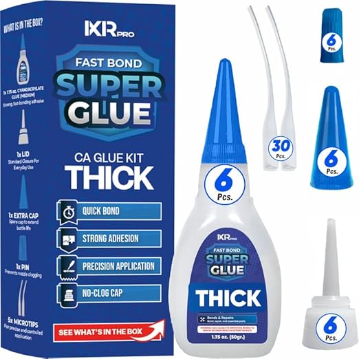 CA Glue Thick Viscosity Kit (6x1.75 oz.) Cyanoacrylate Glue, Heavy-Duty Super Glue for Gap-Filling, Wood, Metal, Plastic, Furniture Repair, High-Strength Adhesive for Vertical and Overhead Surfaces