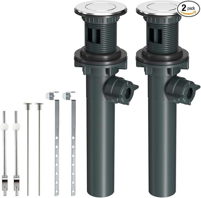 Hibbent 2 Pack Bathroom Sink Drain Assembly with Lift Rod, Lavatory Universal Pop Up Drain Stopper with Overflow for Bathroom Vanity Vessel Sink, Compatible with Moen, American Standard Hole, Chrome