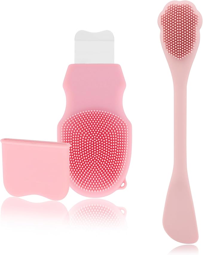 Blackhead Remover Tool for Face and Nose, 2 in 1 Silicone Face Cleansing Brush and Stainless Steel Blackhead Scraper Spatula, Mask Applicator for Men and Women(Pink)